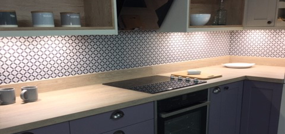 Bussens & Parkin Ltd displaying Vista Kaleidoscope Cool Blue acrylic splashback. 